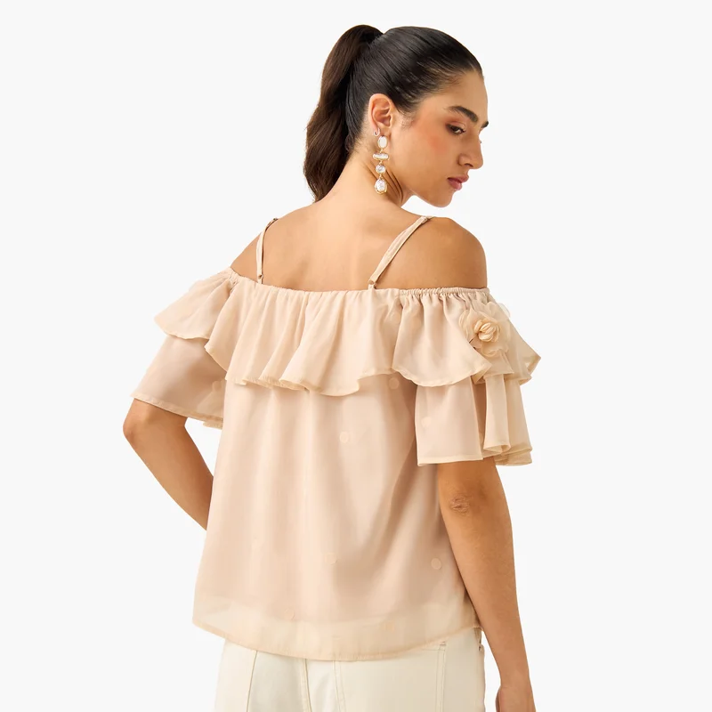 2Xtremz 2Xtremz Floral Accent Off Shoulder Top with Ruffles
