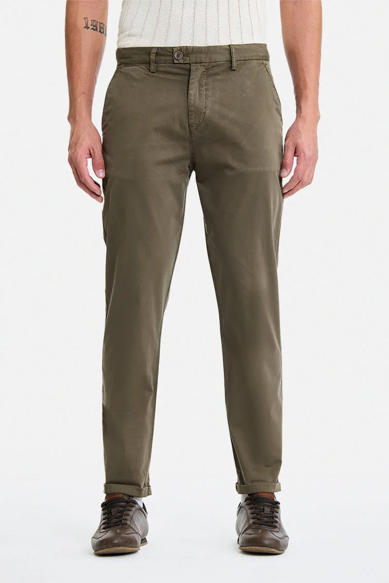 SNITCH Olive Olive Solid Regular Fit Casual Chinos for Men | Best Price UAE