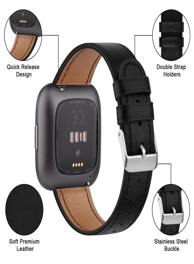 Meliya Leather Bands for Fitbit Versa 2 Bands/Versa/Versa Lite/Versa SE for Women Men, Classic Genuine Leather Replacement Strap for Women Men (Black) - Image 2