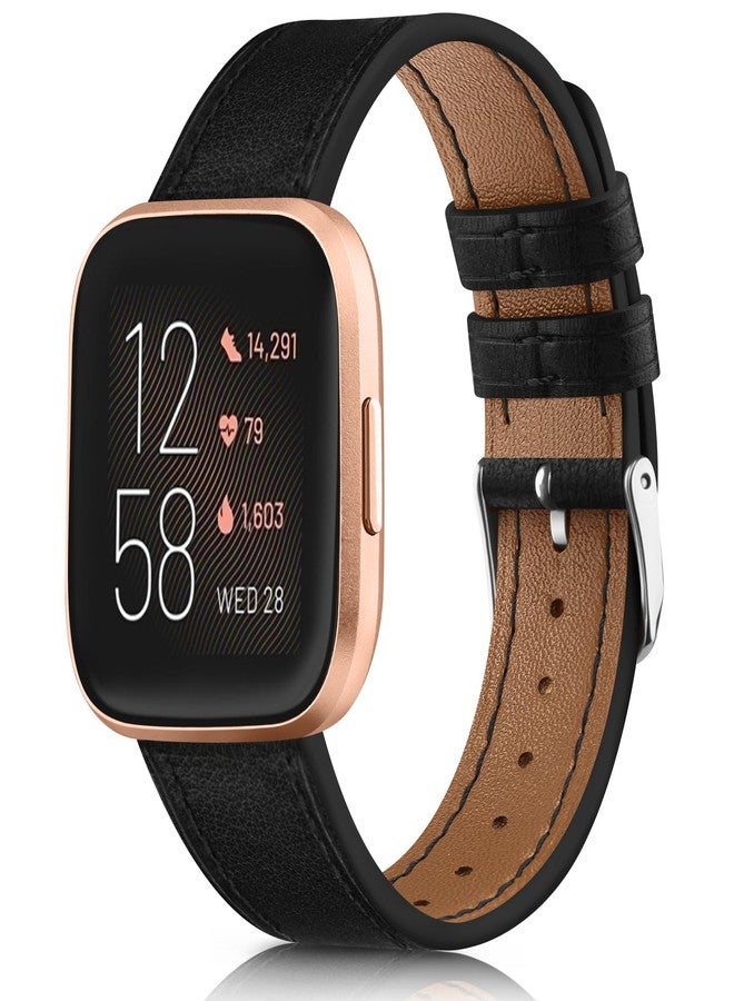 Meliya Leather Bands for Fitbit Versa 2 Bands/Versa/Versa Lite/Versa SE for Women Men, Classic Genuine Leather Replacement Strap for Women Men (Black) - Image 1