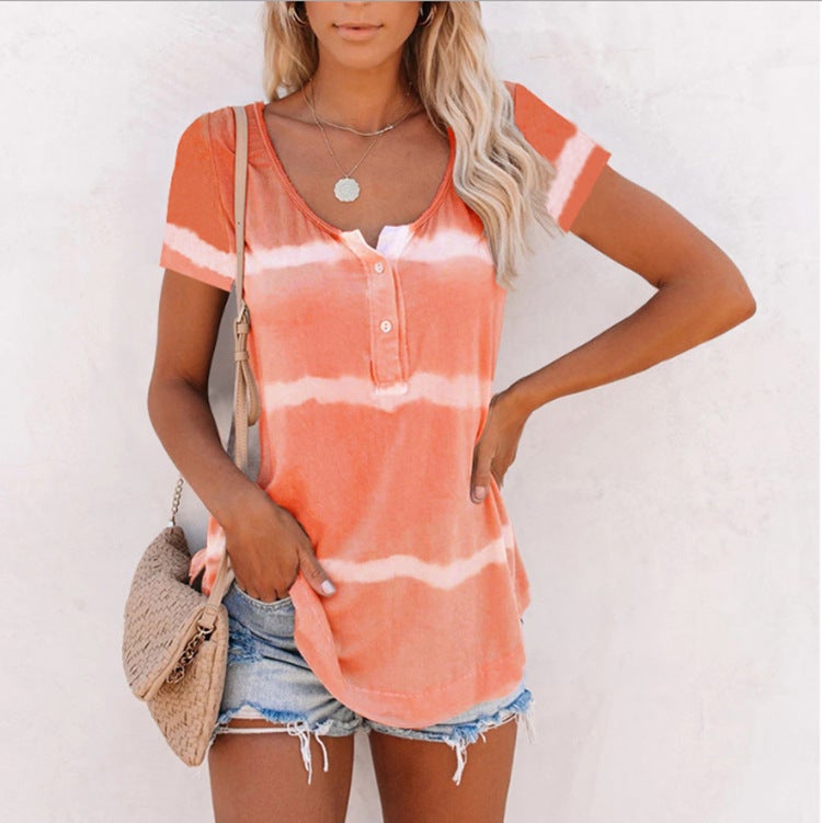 2021 new products cross-border European and American women's clothing wish ebay V-neck button tie-dye tops short-sleeved printed t-shirts Pink M - Image 3