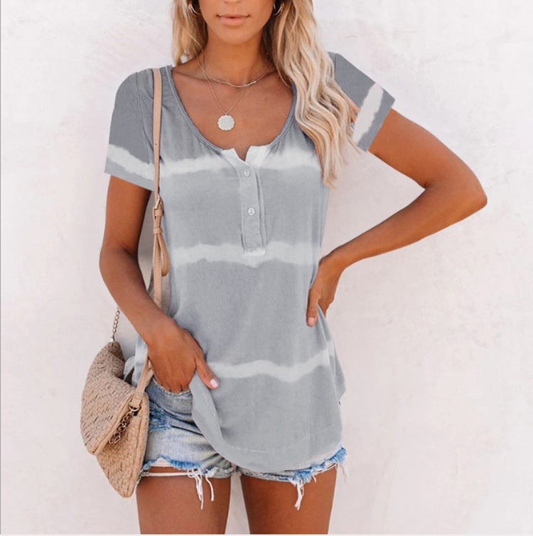2021 new products cross-border European and American women's clothing wish ebay V-neck button tie-dye tops short-sleeved printed t-shirts Pink M - Image 5