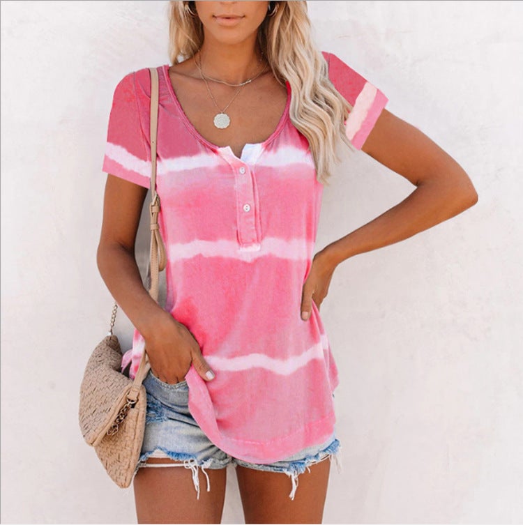 2021 new products cross-border European and American women's clothing wish ebay V-neck button tie-dye tops short-sleeved printed t-shirts Pink M - Image 4