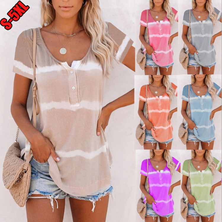 2021 new products cross-border European and American women's clothing wish ebay V-neck button tie-dye tops short-sleeved printed t-shirts Pink M - Image 2