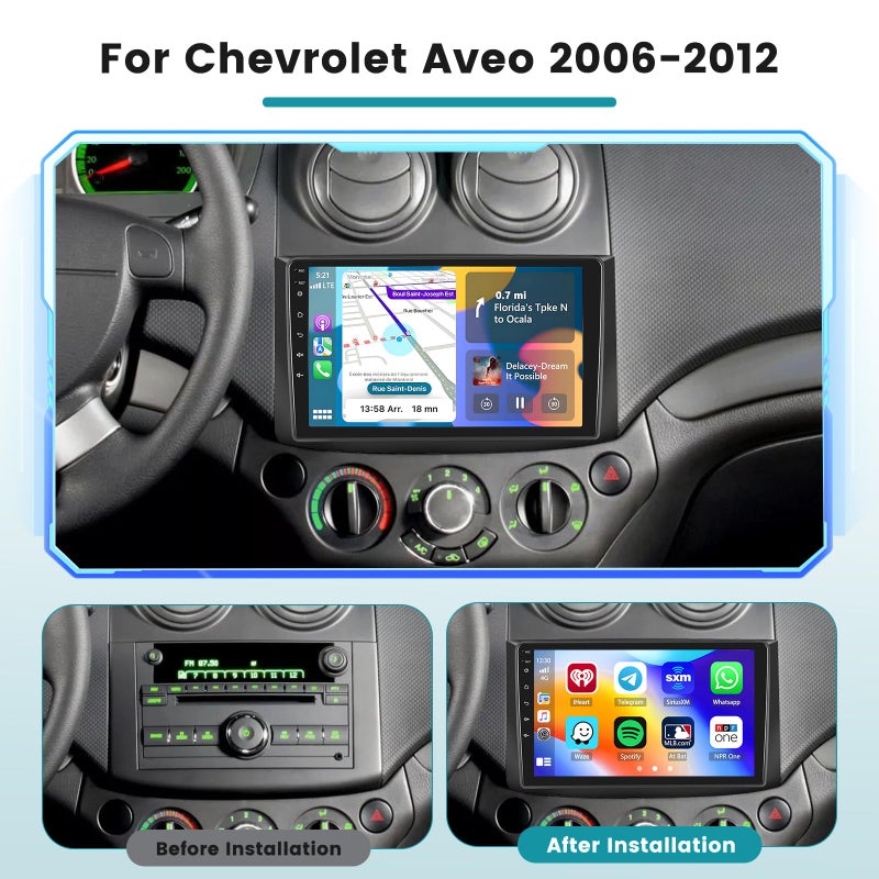 Roinvou Car Radio Stereo for Chevrolet Aveo 2006-2012 Built in Carplay/Android Auto, 9 inch IPS Touch Screen Head Unit Radio with DSP BT GPS FM RDS WiFi 2G RAM 64G ROM - Image 2