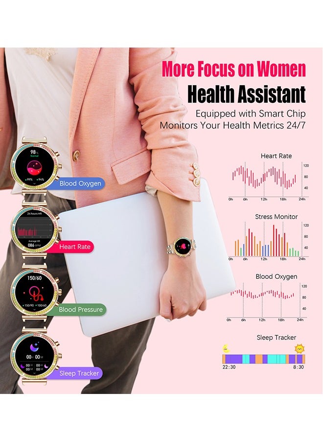 RollsTimi  - Smart Watch for Women,1.27"HD Diamonds Luxury Smartwatch for Android iPhone Phones,Fitness Trackers with 8+ Sport Modes/Heart Rate/IP67 Waterproof/Sleep Monitor,Two Tone Gold - Image 1