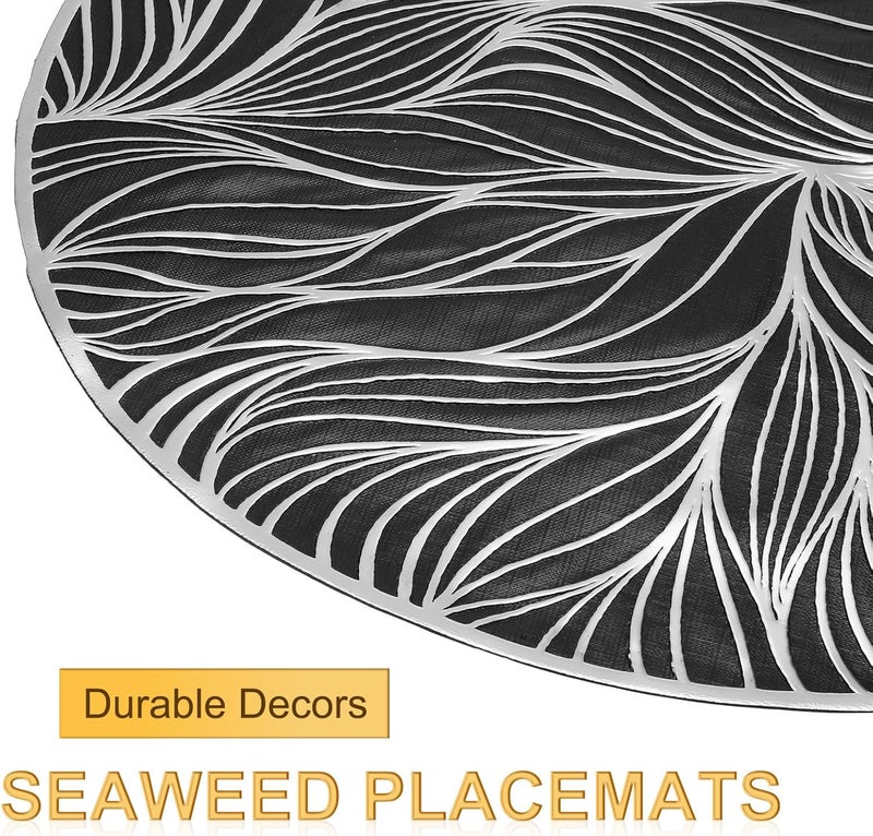 uxcell مجموعة 8 من الحصائر المستديرة على شكل أعشاب البحر الفضية والسوداء لطاولات العشاء حصائر معدنية مصنوعة من البولي فينيل قابلة للغسل لتزيين طاولة العشاء 15 x 15 سم 38 x 38 سم - Image 4