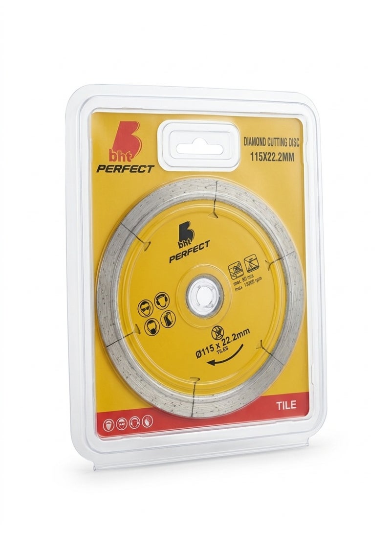 BHT Perfect 4.5" Continuous Rim Diamond Cutting Disc (115mm x 22.2mm) – Professional Grade Saw Blade for Ceramic, Porcelain, and Marble Tiles – Wet & Dry Cutting