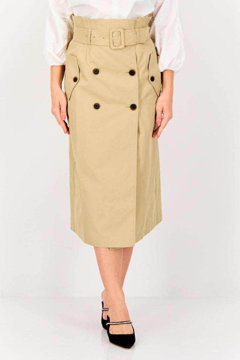 SELECTED تنورة ميدي نسائية بقصة عادية مزودة بحزام، لون رمل - Image 1