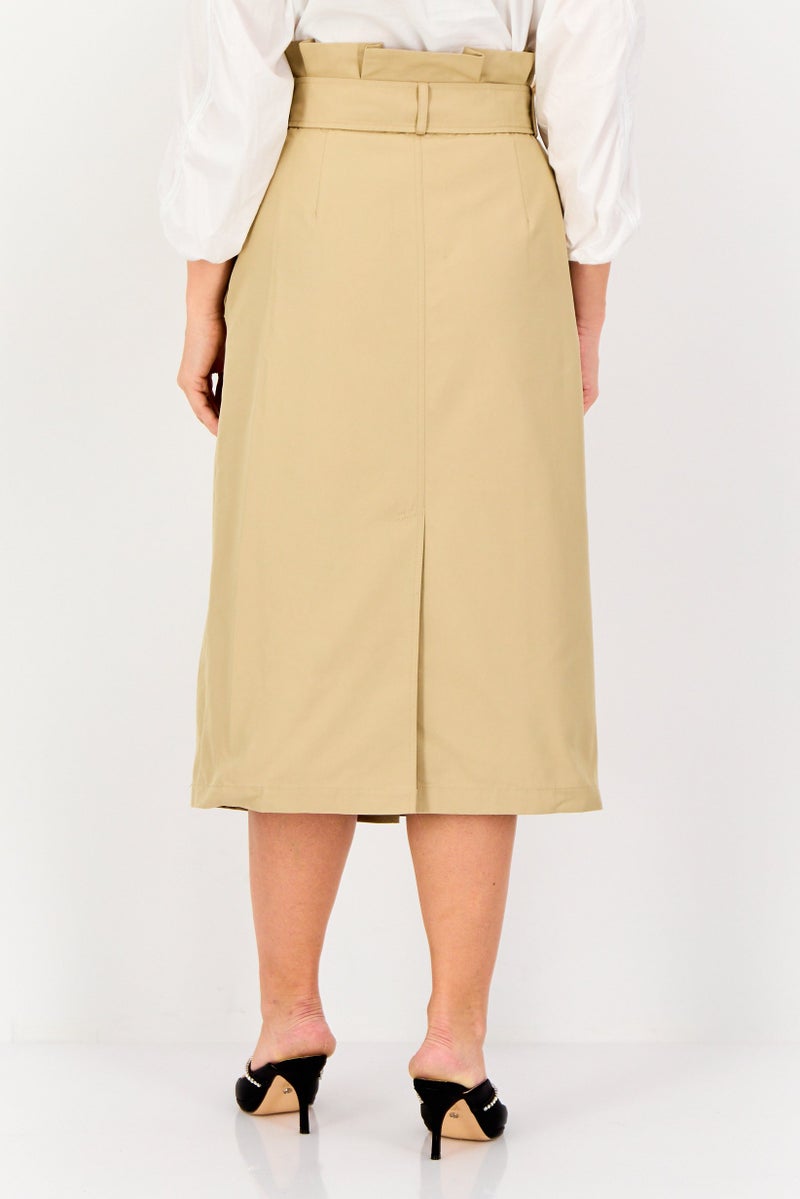 SELECTED تنورة ميدي نسائية بقصة عادية مزودة بحزام، لون رمل - Image 3