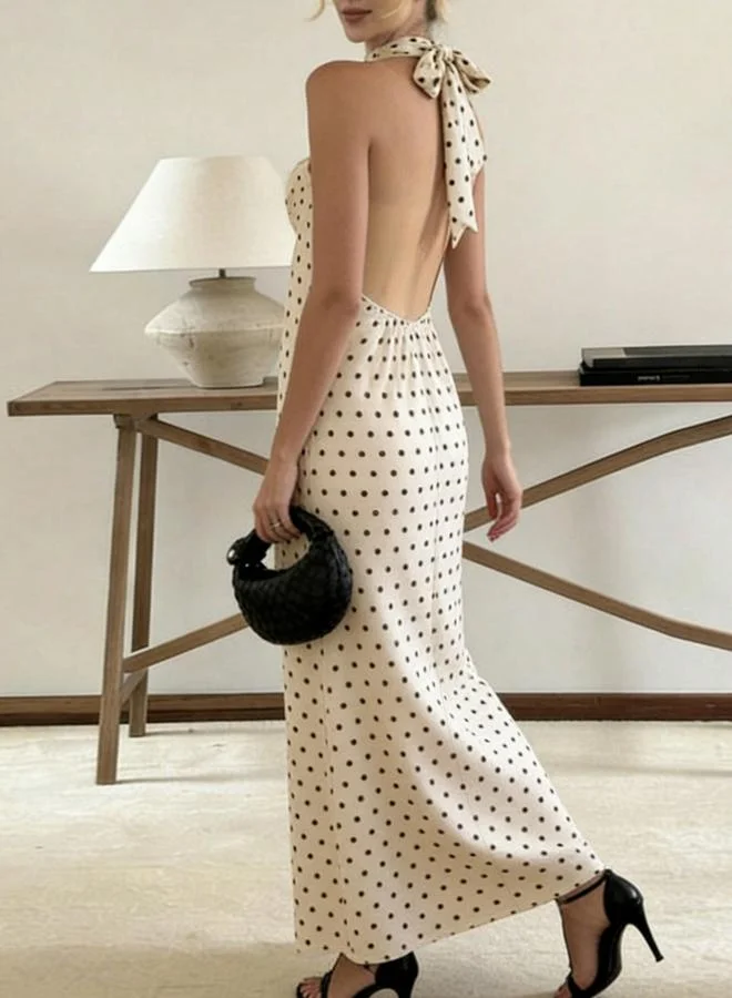 Take Two  Beige Polka Dot Sleeveless Halter Maxi Dress for Women | Best Price UAE