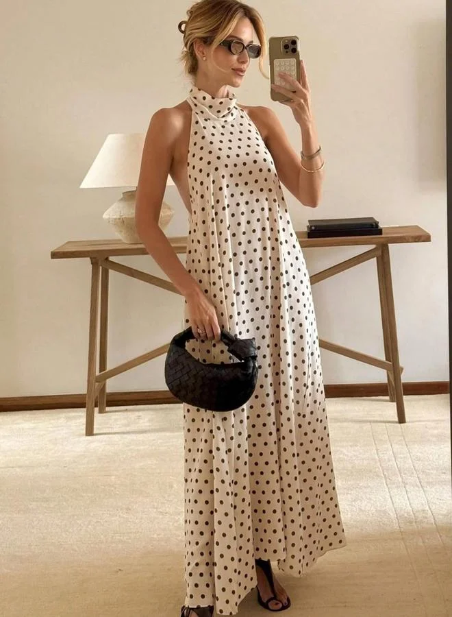 Take Two Beige Polka Dot Sleeveless Halter Maxi Dress