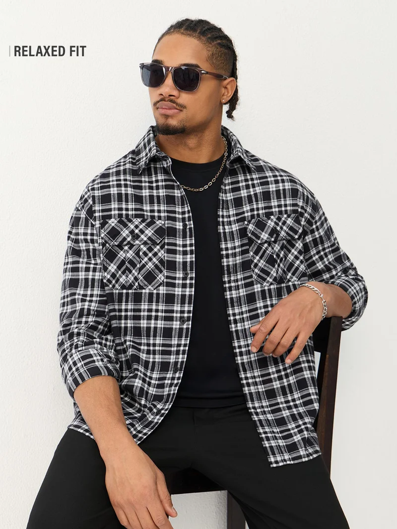 The Souled Store  The Souled Store: Black Pearl Men and Boys Long Sleeve Spread Collar Plaid Cotton Relaxed Shirt  | Best Price UAE