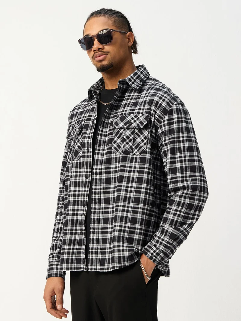 The Souled Store  The Souled Store: Black Pearl Men and Boys Long Sleeve Spread Collar Plaid Cotton Relaxed Shirt  | Best Price UAE