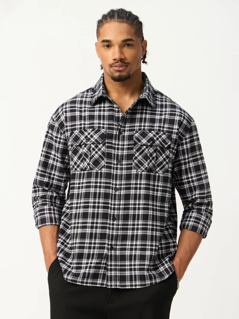 The Souled Store: Black Pearl Men and Boys Long Sleeve Spread Collar Plaid Cotton Relaxed Shirt