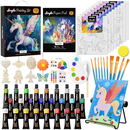 Nicpro 72PCS Kids Painting Set with Pattern Canvas, Art Painting Supplies Kit with 24 Acrylic Paints,10 Brushes, 8 Canvas Panels,Table Easel,Paper Pad,Color Wheel,Palette for Beginner Student Toddlers - Image 1