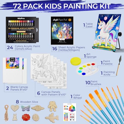 Nicpro 72PCS Kids Painting Set with Pattern Canvas, Art Painting Supplies Kit with 24 Acrylic Paints,10 Brushes, 8 Canvas Panels,Table Easel,Paper Pad,Color Wheel,Palette for Beginner Student Toddlers - Image 2