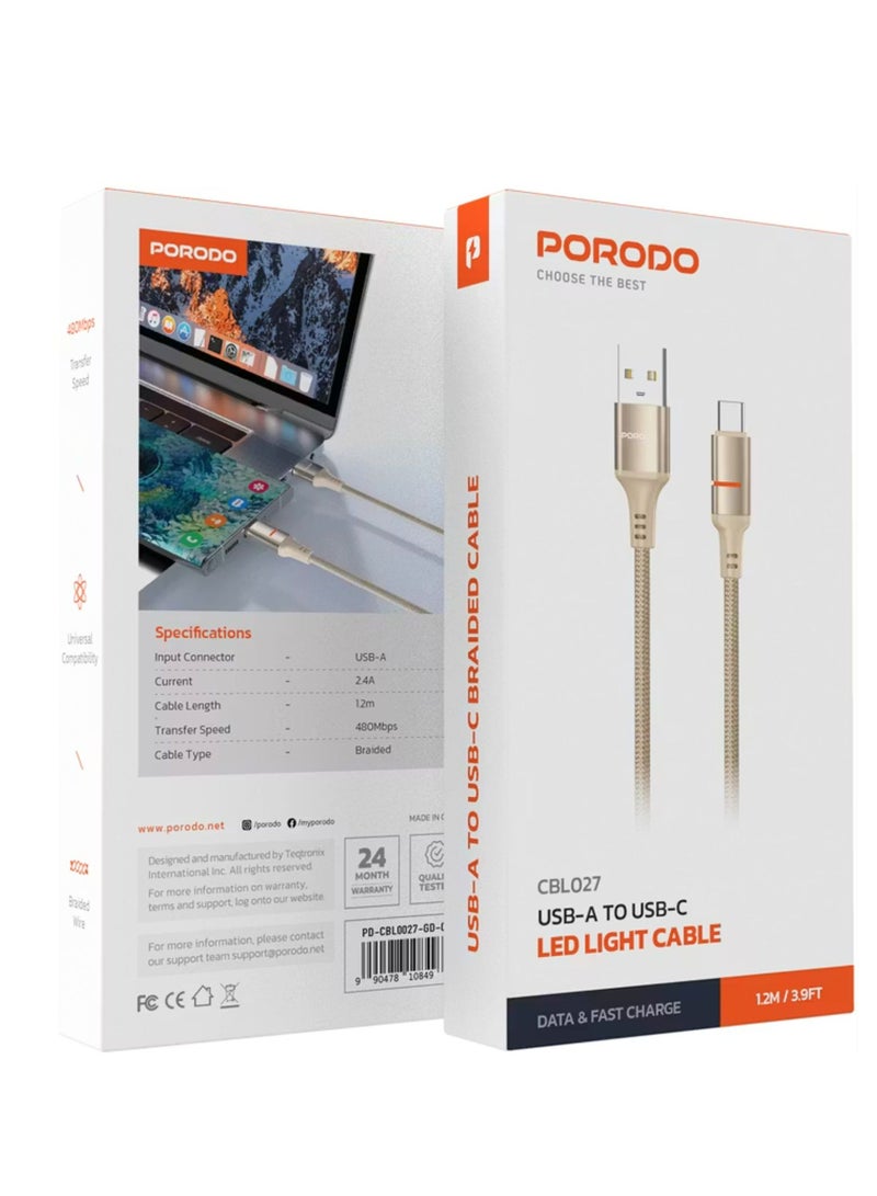 بورودو كابل إضاءة LED من USB-A إلى USB-C بتيار 2.4 أمبير، سرعة نقل 480 ميجابت في الثانية، طول الكابل 1.2 متر، شحن سريع ونقل بيانات، سلك مضفر - ذهبي - Image 2