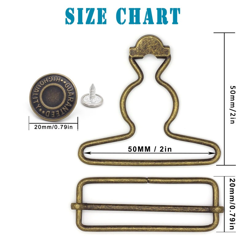 Enosea 2 Sets 2 inch Overall Buckles Replacement, Metal Suspender Buckle Overall Clips with Buckle Slider and Buttons(Bronze) - Image 2