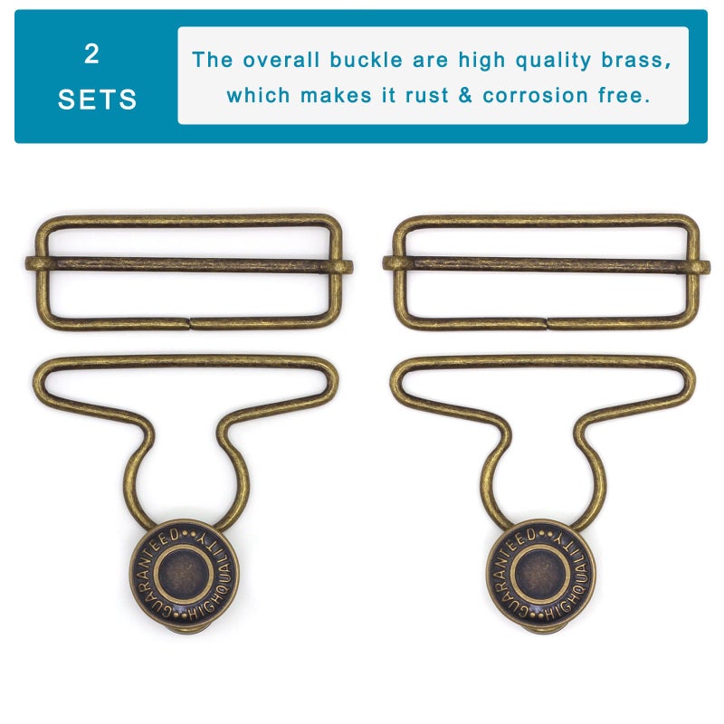Enosea 2 Sets 2 inch Overall Buckles Replacement, Metal Suspender Buckle Overall Clips with Buckle Slider and Buttons(Bronze) - Image 4