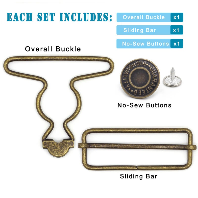 Enosea 2 Sets 2 inch Overall Buckles Replacement, Metal Suspender Buckle Overall Clips with Buckle Slider and Buttons(Bronze) - Image 3