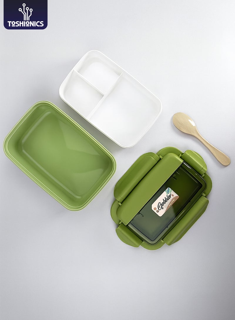 Toshionics Lunch Box 1.1L – 2 Layer – Leakproof, BPA-Free, 3 Compartments, Spoon Included – For Kids & Adults – Ideal for School, Office, Travel, Home – 20x12x6 cm - Image 1