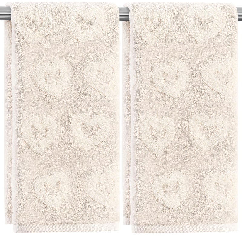 Quera 2 Pack Valentine's Day Hand Towels Beige Heart 3D Embroidered Cotton Bathroom Decorative Towels Set for Drying, Cleaning, Cooking, Holiday 13.7'' x 29.5'' - Image 1