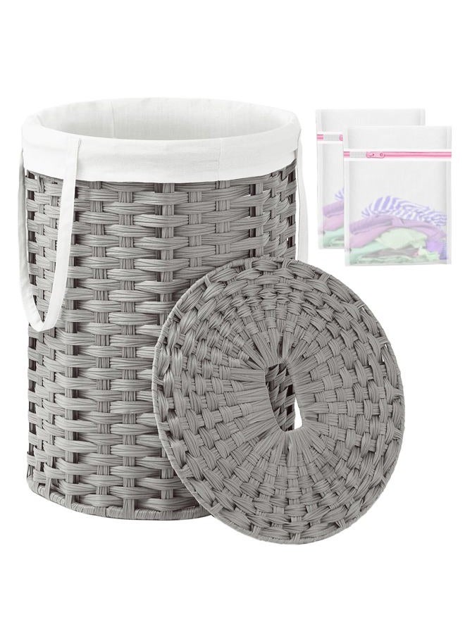 SETVSON Laundry Hamper with Lid Laundry Basket with Lid 19.0 Gal (72 L) Round Wicker Laundry Basket Handwoven Rattan Basket with Lid Removable Bag 2 Mesh Bags Handles for Living Room Bathroom Gray - Image 1