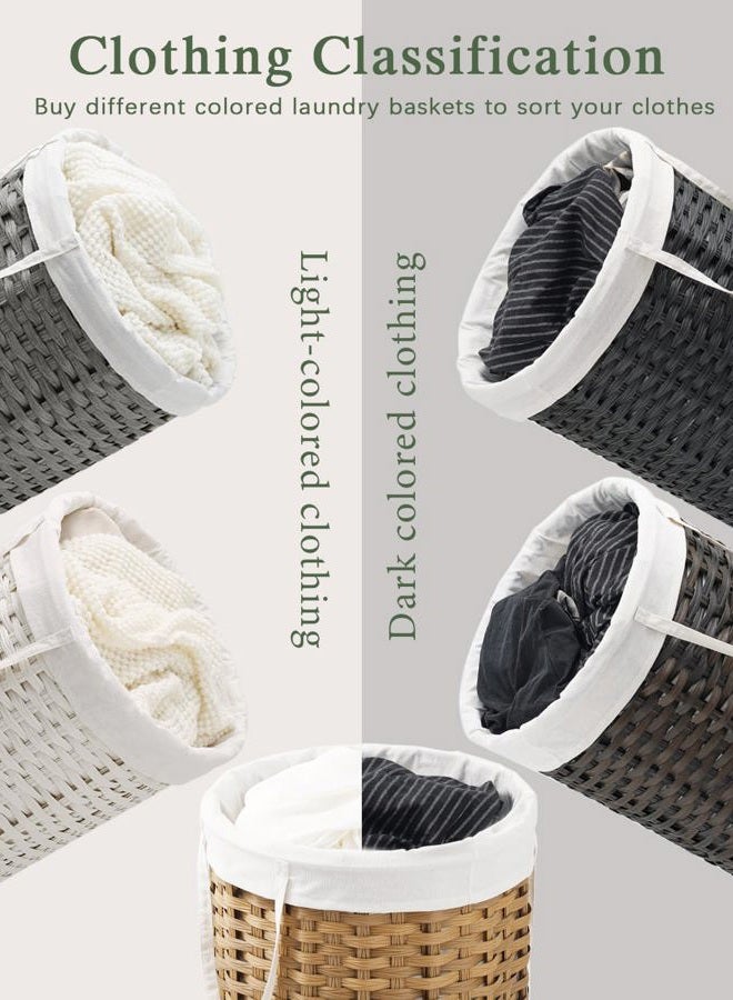SETVSON Laundry Hamper with Lid Laundry Basket with Lid 19.0 Gal (72 L) Round Wicker Laundry Basket Handwoven Rattan Basket with Lid Removable Bag 2 Mesh Bags Handles for Living Room Bathroom Gray - Image 3
