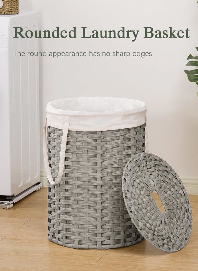 SETVSON Laundry Hamper with Lid Laundry Basket with Lid 19.0 Gal (72 L) Round Wicker Laundry Basket Handwoven Rattan Basket with Lid Removable Bag 2 Mesh Bags Handles for Living Room Bathroom Gray - Image 2