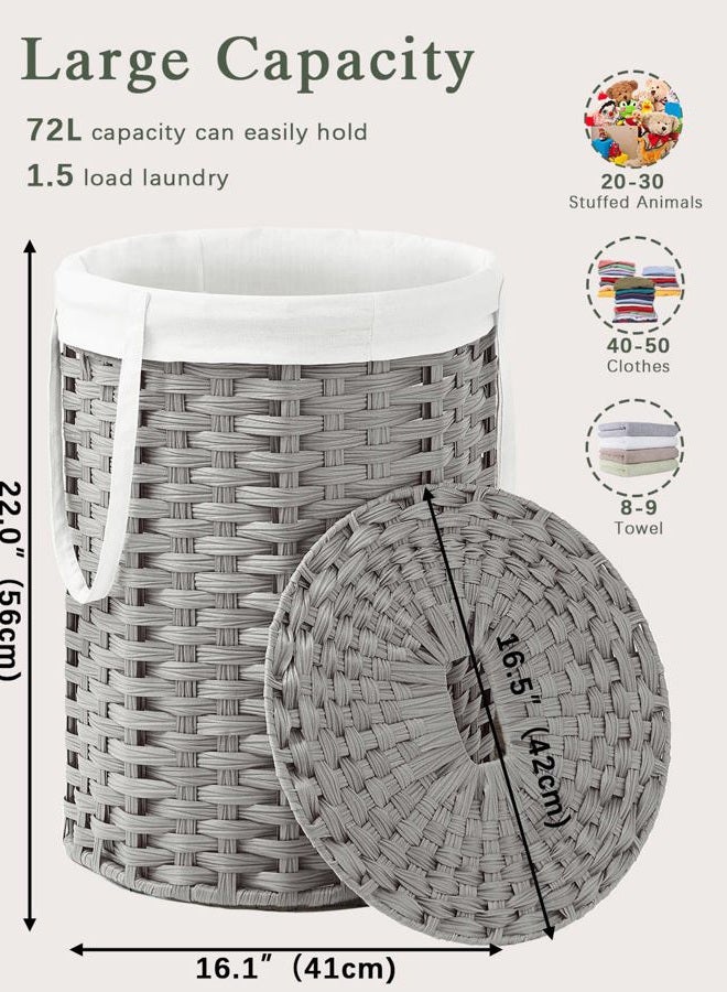 SETVSON Laundry Hamper with Lid Laundry Basket with Lid 19.0 Gal (72 L) Round Wicker Laundry Basket Handwoven Rattan Basket with Lid Removable Bag 2 Mesh Bags Handles for Living Room Bathroom Gray - Image 4