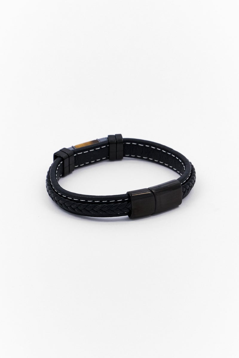 Steeltime Men Leather Thread Stainless Steel Hematite Id Bracelet, Black - Image 2