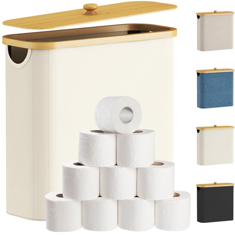 Lifewit 30L Toilet Roll Storage Bathroom Storage Box Holder Stand with Lid Bamboo Multifunctional Toilet Paper Basket Cabinet with Handle White