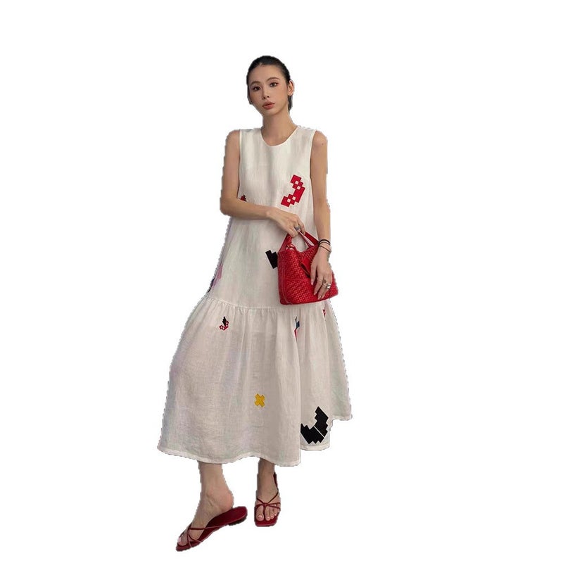 Women's Elegant White Floral Print Sleeveless Midi Dress - French Hepburn Style - Image 5