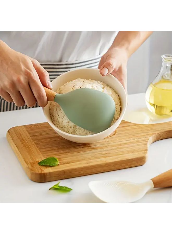 White Wooden Handle Silicone Rice Scoop Heat Resistant Kitchen Spoon For Non Stick Pans - Image 5