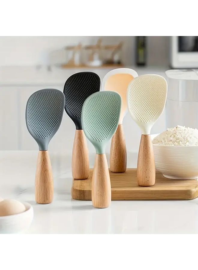 White Wooden Handle Silicone Rice Scoop Heat Resistant Kitchen Spoon For Non Stick Pans - Image 2