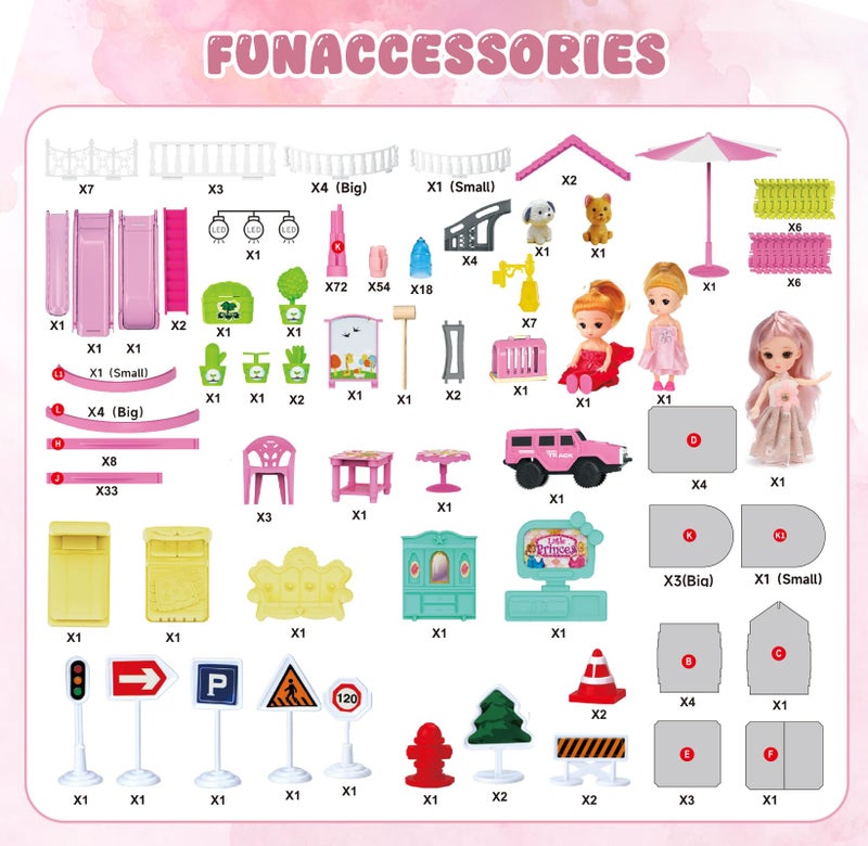 randhar Doll House with Lights&Track Car Toy Set,Princess Dollhouse for Girls, 3 Dolls, Pets, Car, Furniture and Accessories, Design and Build Gift for 3 4 5 6 7 8+ Year Old Girls - Image 5