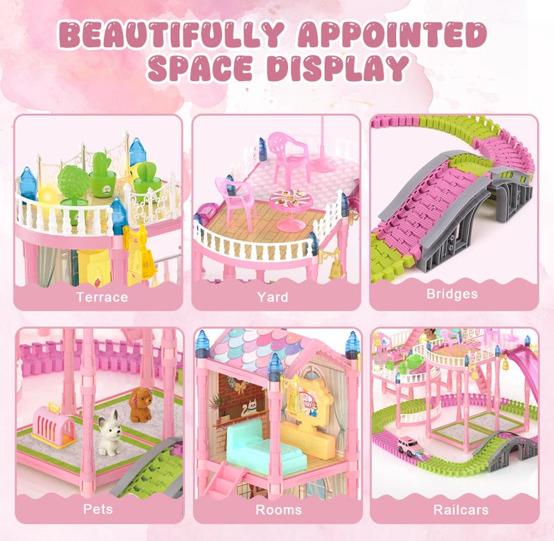 randhar Doll House with Lights&Track Car Toy Set,Princess Dollhouse for Girls, 3 Dolls, Pets, Car, Furniture and Accessories, Design and Build Gift for 3 4 5 6 7 8+ Year Old Girls - Image 4