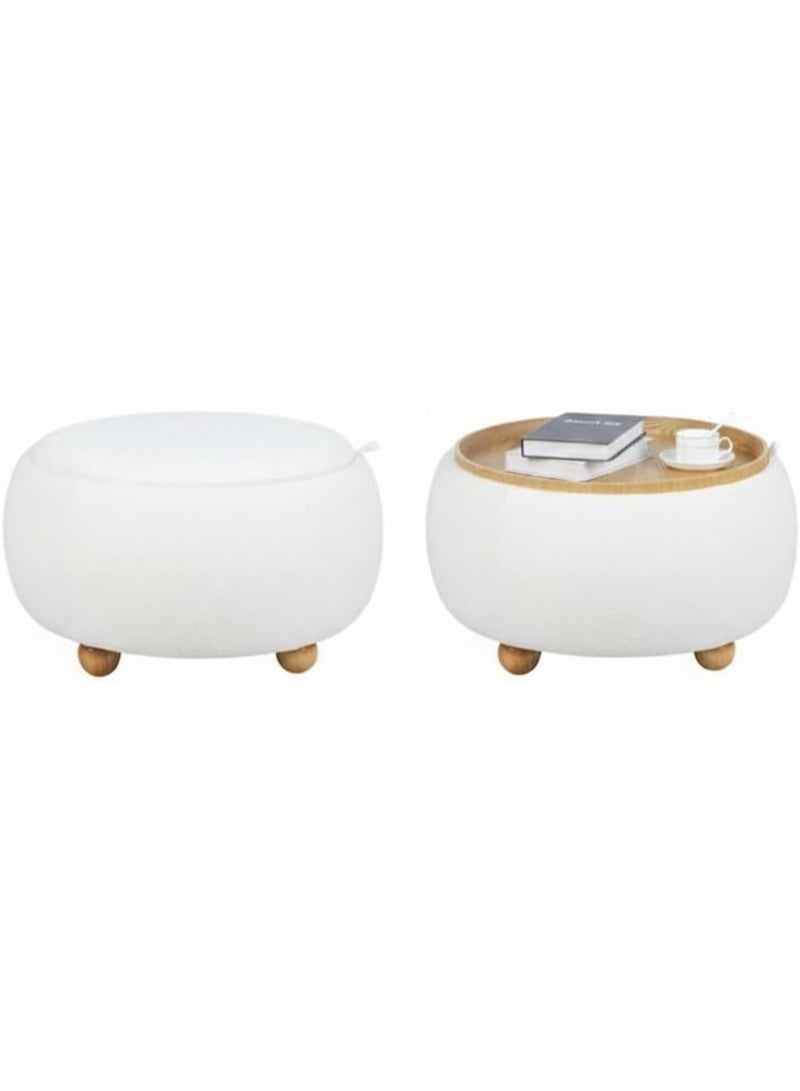 White round ottoman with wooden legs, modern versatile design, convertible storage table - Image 1