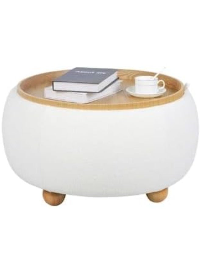 White round ottoman with wooden legs, modern versatile design, convertible storage table - Image 4