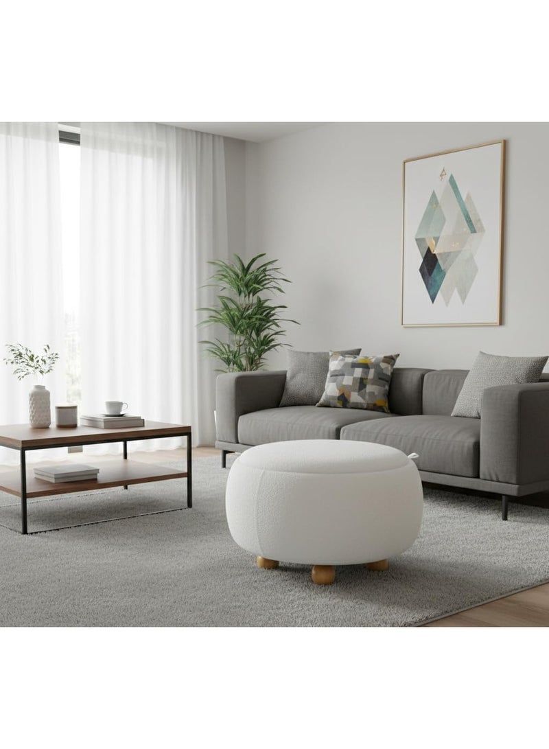 White round ottoman with wooden legs, modern versatile design, convertible storage table - Image 2