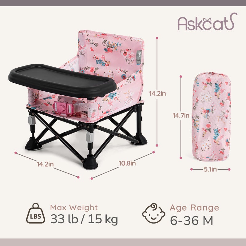 AskCat Booster Seat for Kitchen Chair with Removable Tray, Portable Foldable Baby Chair for Babies 6-36 Months, Indoor Outdoor Toddler Camping Chair (Pink Floral Design) - Image 2