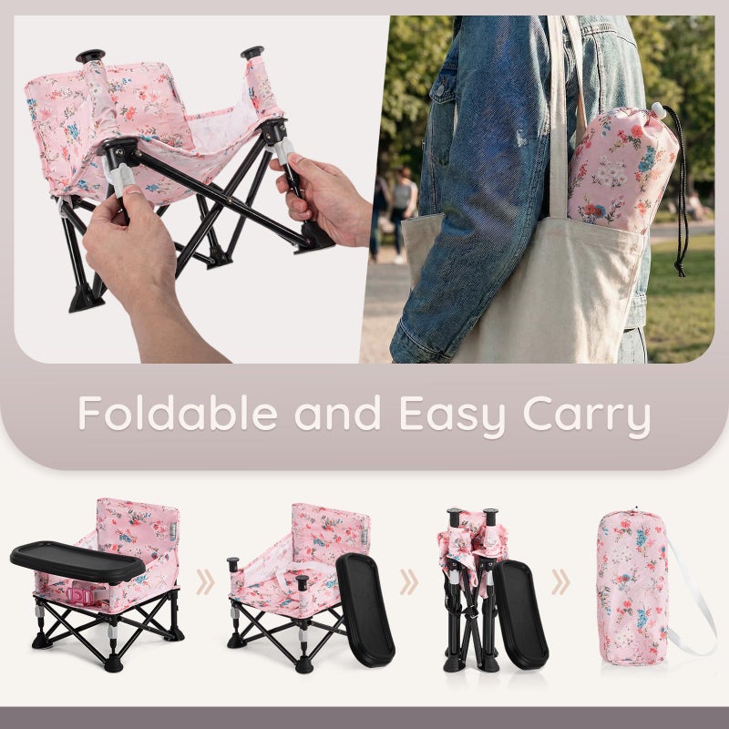 AskCat Booster Seat for Kitchen Chair with Removable Tray, Portable Foldable Baby Chair for Babies 6-36 Months, Indoor Outdoor Toddler Camping Chair (Pink Floral Design) - Image 3