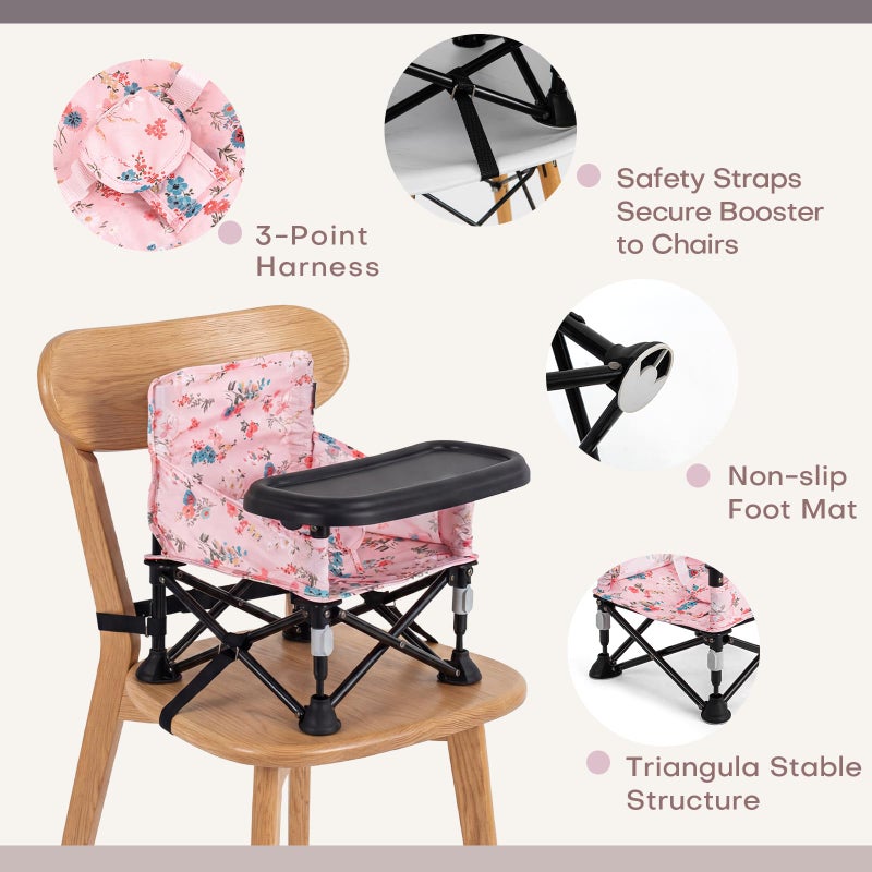 AskCat Booster Seat for Kitchen Chair with Removable Tray, Portable Foldable Baby Chair for Babies 6-36 Months, Indoor Outdoor Toddler Camping Chair (Pink Floral Design) - Image 4
