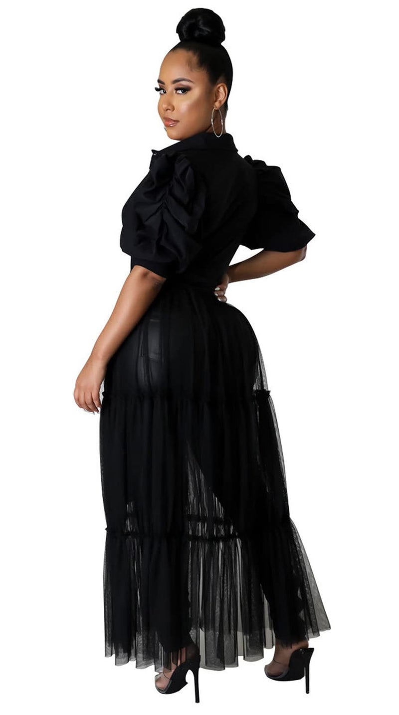 Ekaliy Women Sexy Casual Short Sleeve Bodycon High Low Asymmetrical Ruffle Tunics Blouse Shirt Top Dress XL Black - Image 2