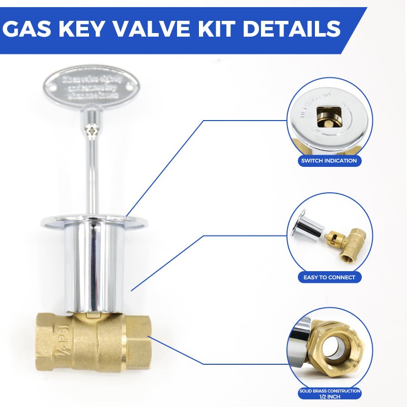 Himaweek 1/2 Inch Straight Gas Key Valve Kit for Fire Pit Fireplace with Flange and 3 Inches Key, Chromed (1/2'' Kit) - Image 3