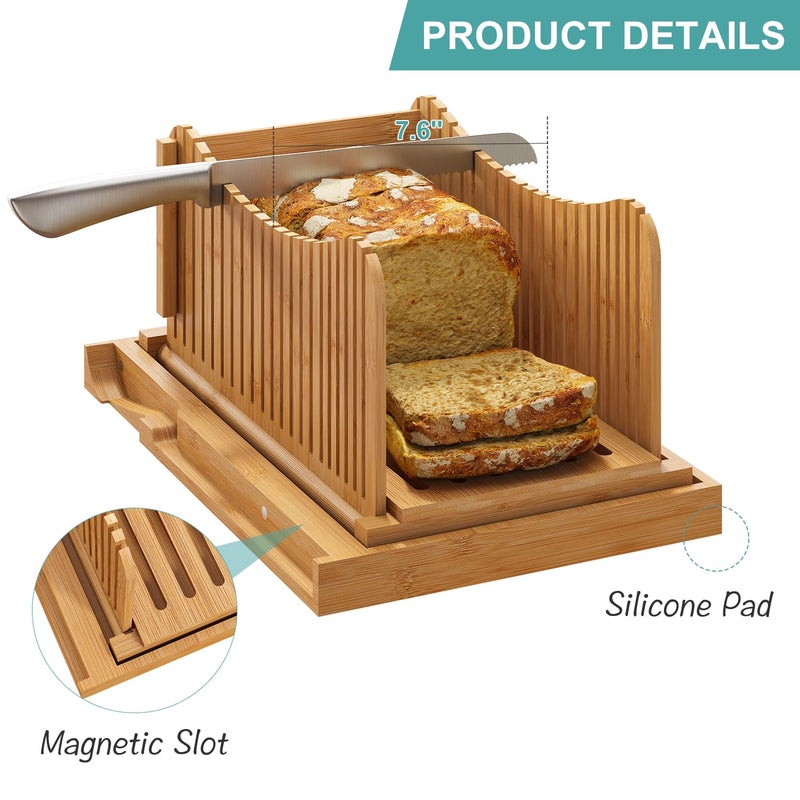 Vriccc Large Bamboo Bread Slicer with Serrated Knife, Adjustable Bread Slicer Guide with 3 Thickness Size, Foldable Compact Chopping Cutting Board with Crumb Tray (Extra A - with Knife) - Image 3