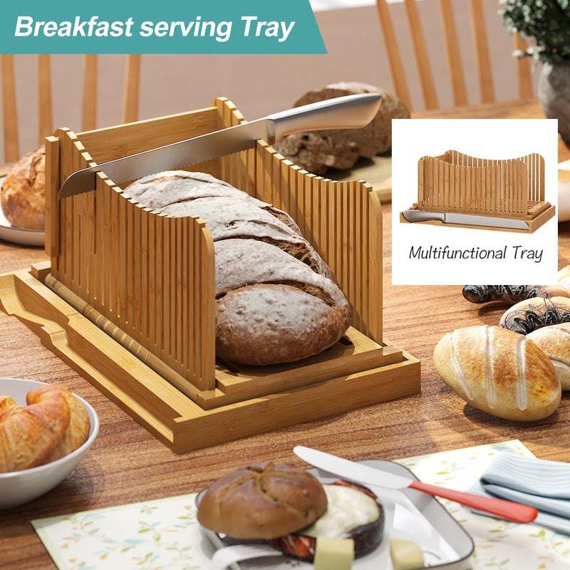Vriccc Large Bamboo Bread Slicer with Serrated Knife, Adjustable Bread Slicer Guide with 3 Thickness Size, Foldable Compact Chopping Cutting Board with Crumb Tray (Extra A - with Knife) - Image 4