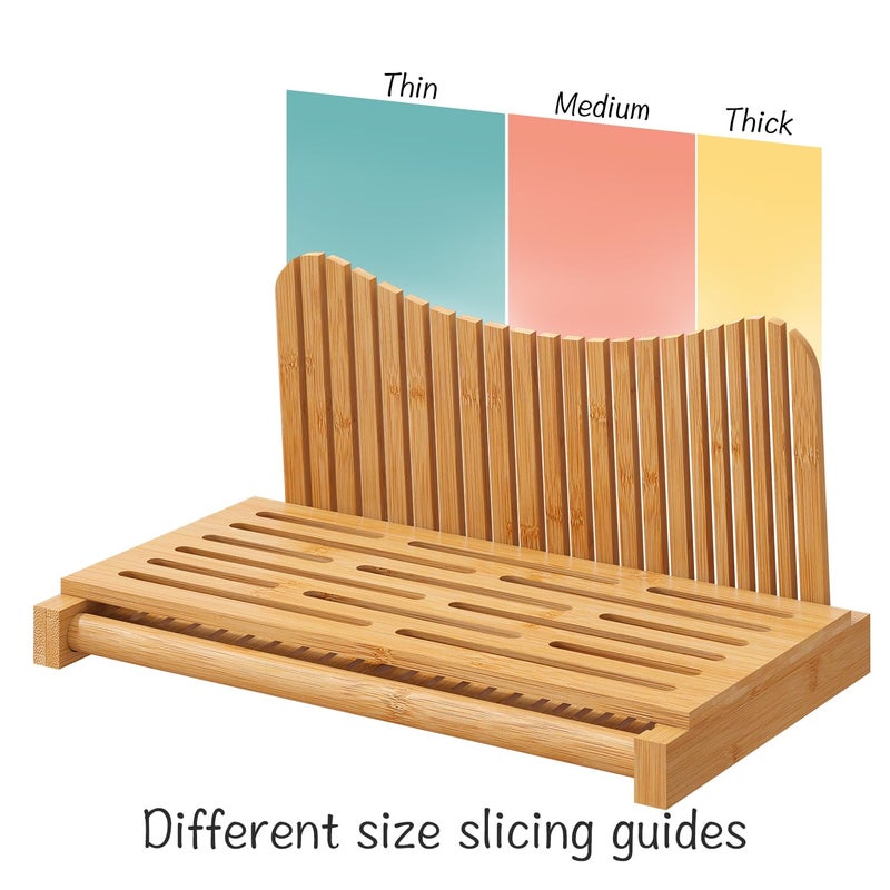 Vriccc Large Bamboo Bread Slicer with Serrated Knife, Adjustable Bread Slicer Guide with 3 Thickness Size, Foldable Compact Chopping Cutting Board with Crumb Tray (Extra A - with Knife) - Image 5