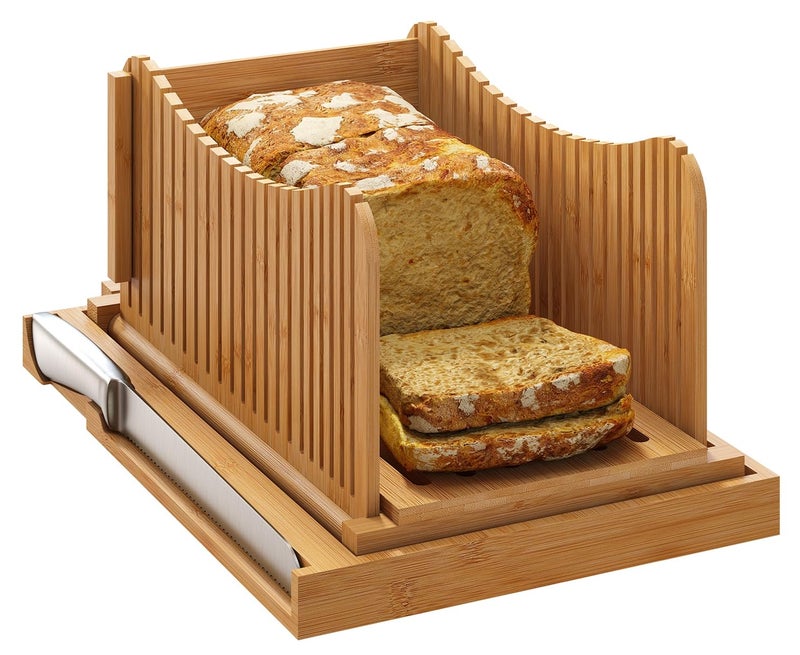 Vriccc Large Bamboo Bread Slicer with Serrated Knife, Adjustable Bread Slicer Guide with 3 Thickness Size, Foldable Compact Chopping Cutting Board with Crumb Tray (Extra A - with Knife) - Image 1